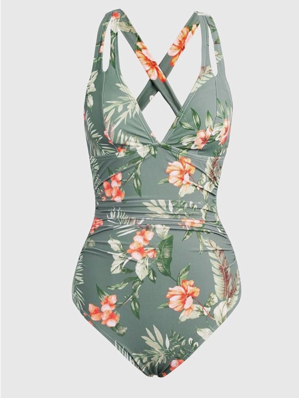 Cupshe Olive Green Tropical Floral One-Piece Swimsuit with Orange Blooms - Picture 4 of 11